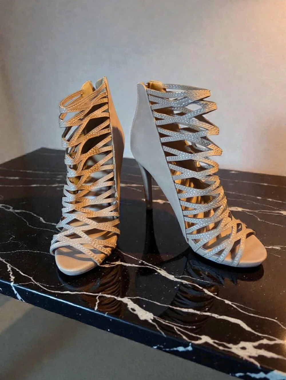 Beige Strappy Cage Stiletto Heels